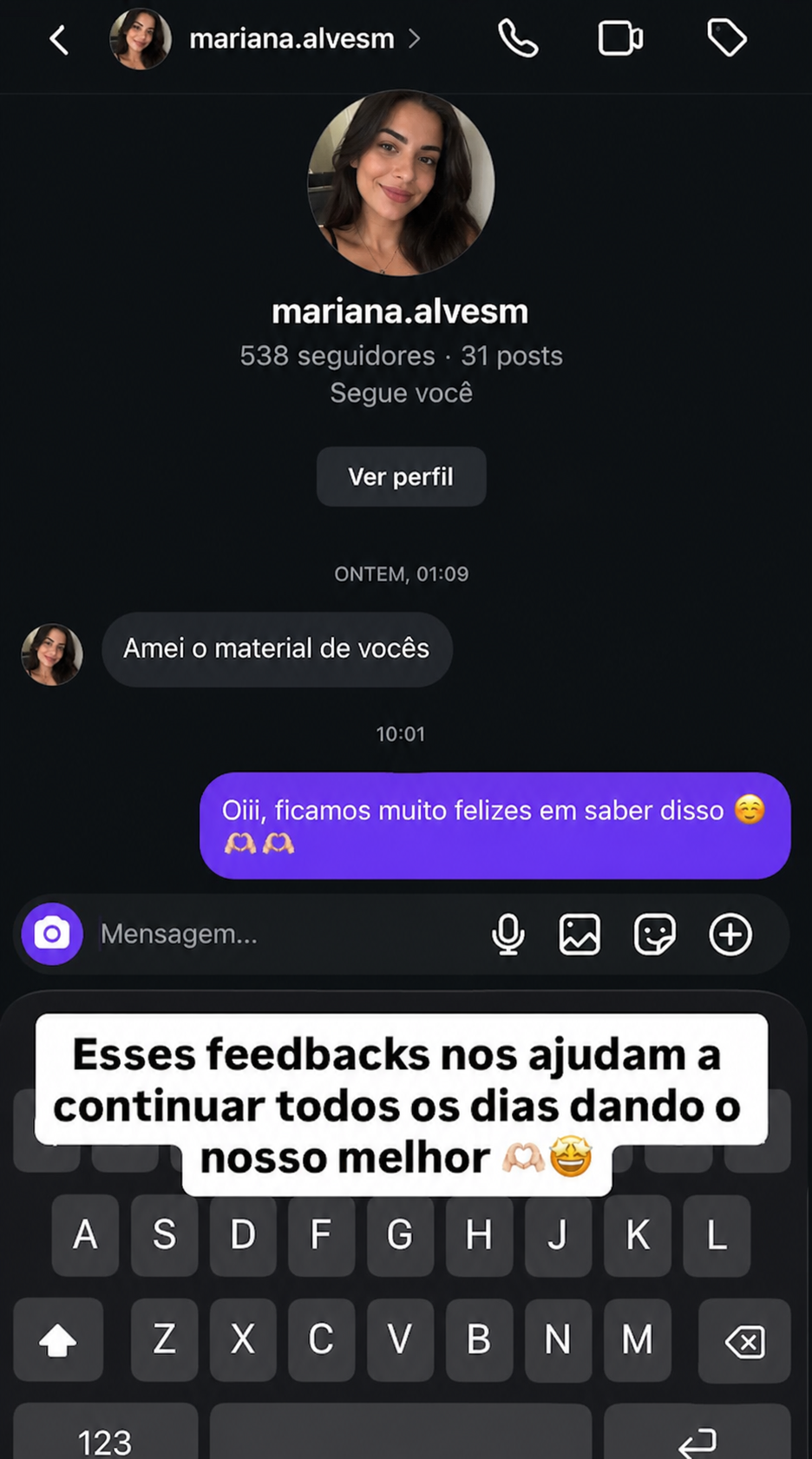 Mensagem direta no Instagram dizendo que amou o material