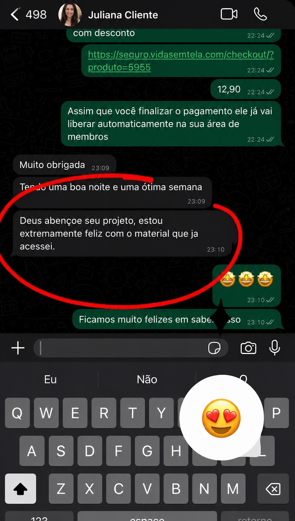 Mensagem no WhatsApp agradecendo e elogiando o projeto