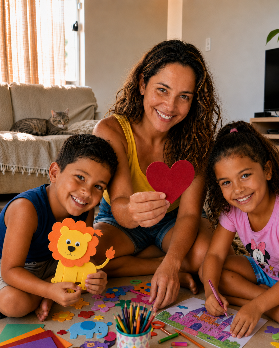 Mãe com filhos fazendo atividades criativas em casa